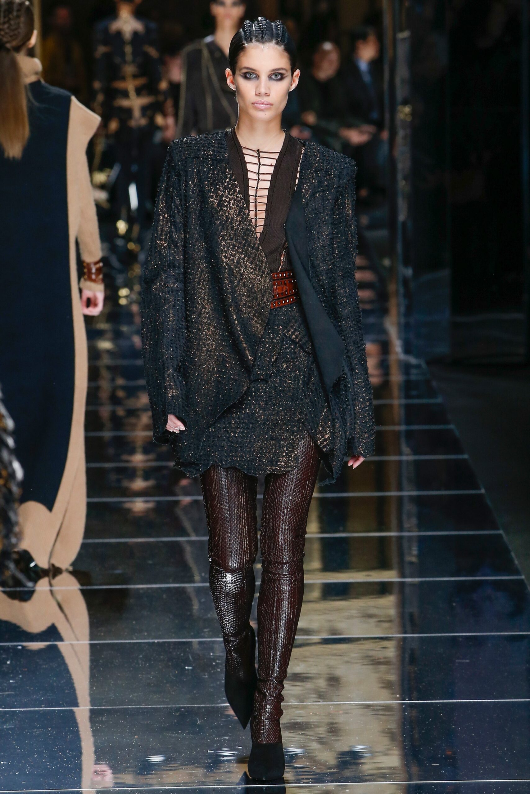 black silk long-sleeve v-neck relaxed draped shiny jacket