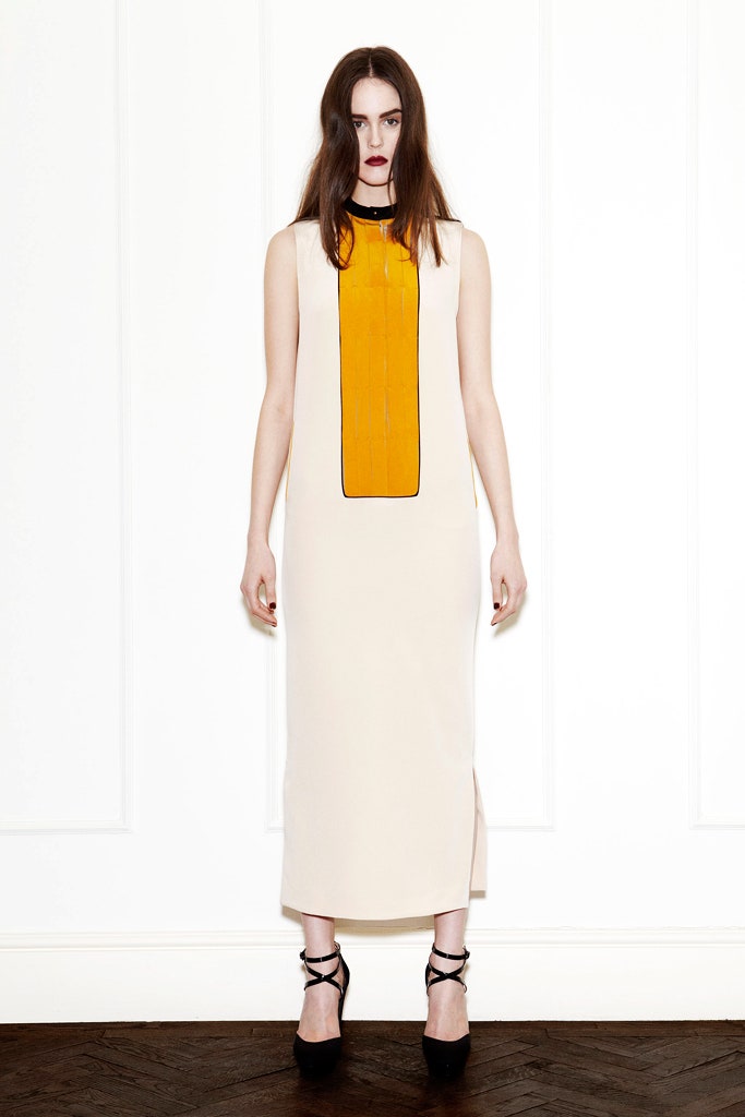 beige fitted midi dress with yellow detail