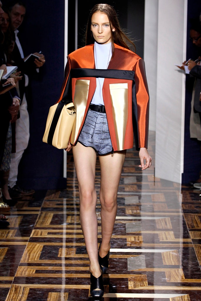orange cotton long-sleeve collared structured color-blocked jacket