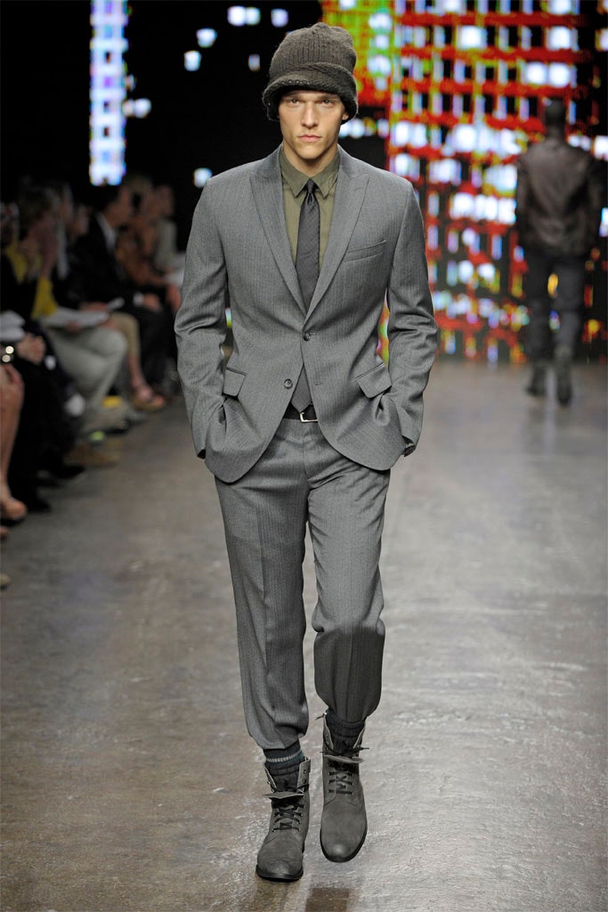 gray tailored suit with hat