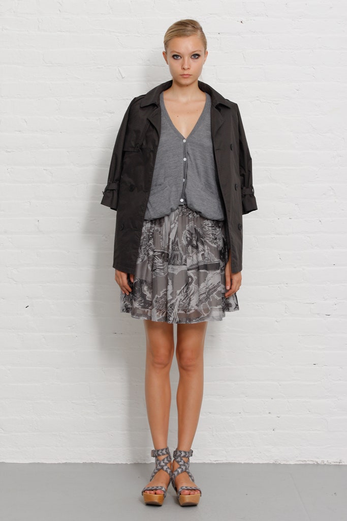 black coat gray top mini skirt