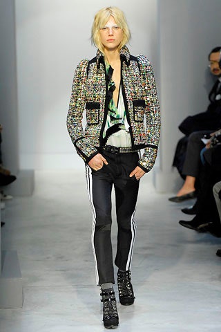 multi-colored tweed jacket with slim pants