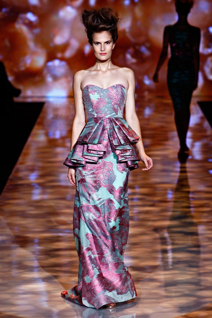 pink and blue pleated gown