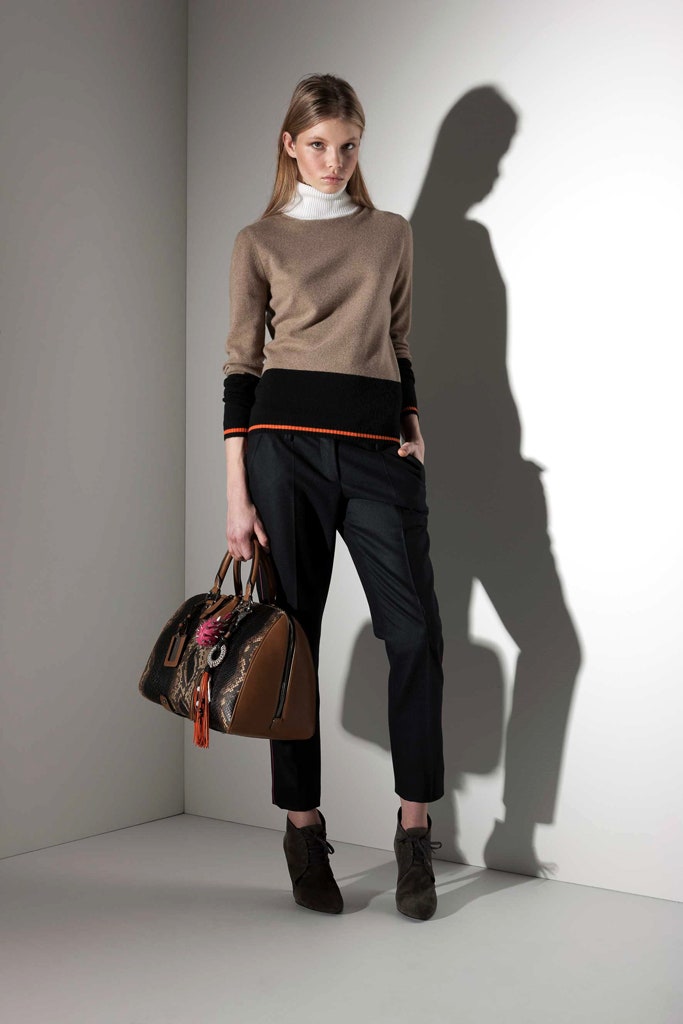 brown fitted sweater with tailored pants