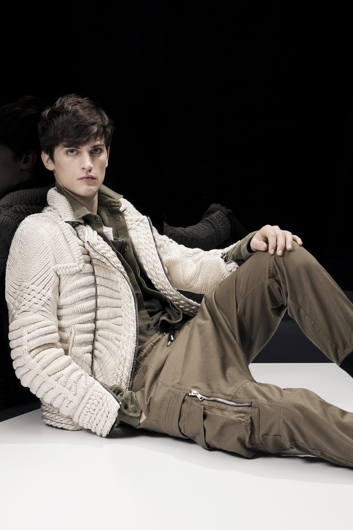 white fitted jacket with cargo pants