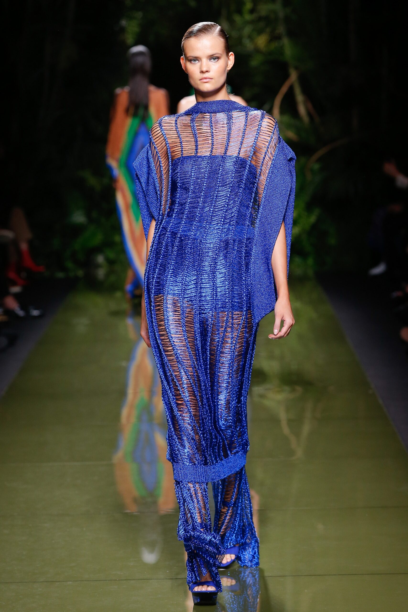 blue mesh long-sleeve dress