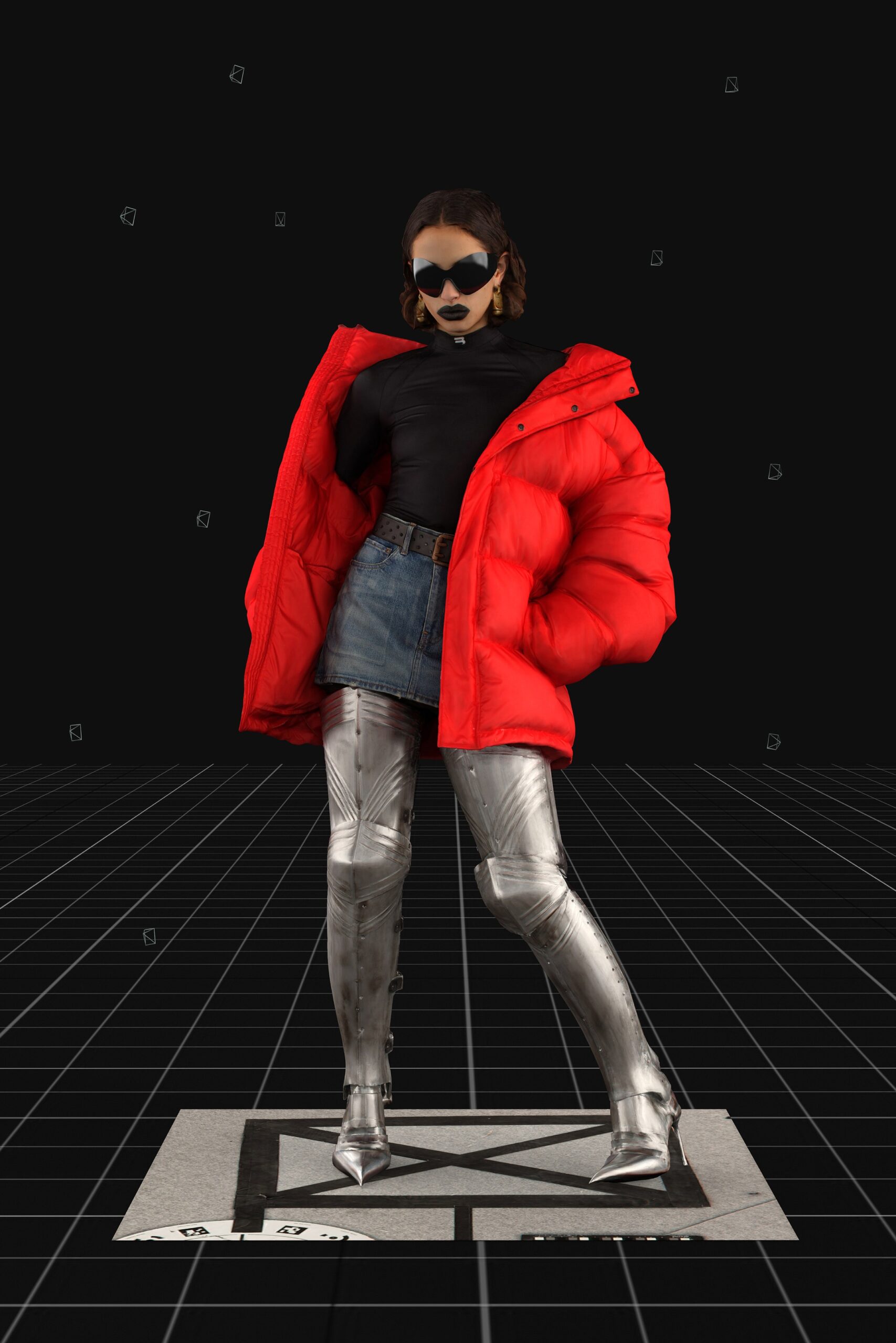 red jersey long-sleeve collared oversized padded coat