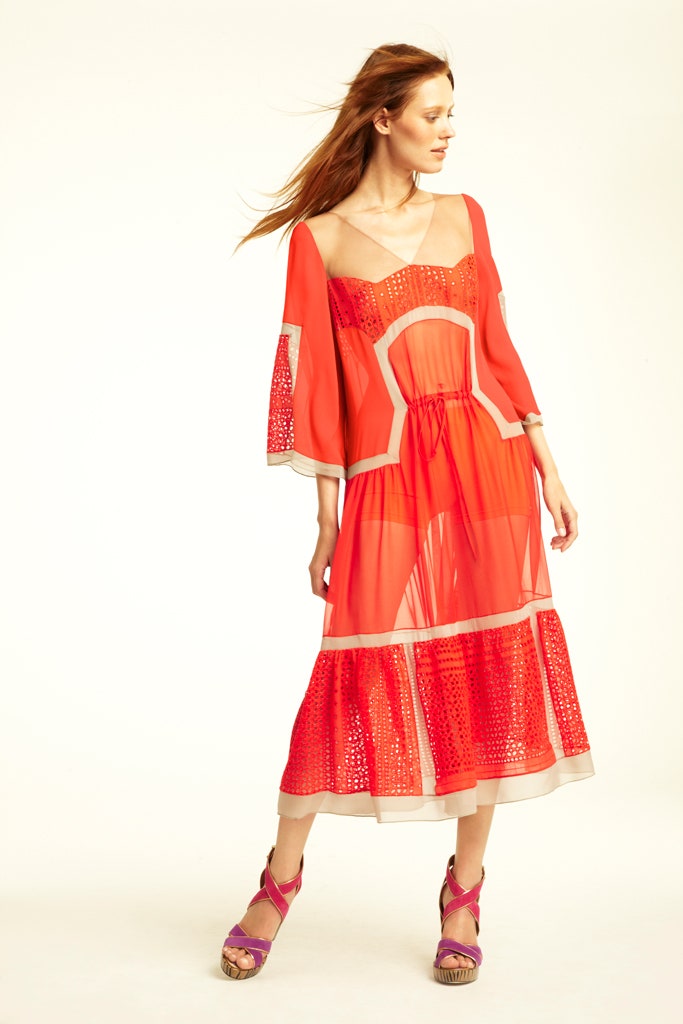 red silk tiered midi dress
