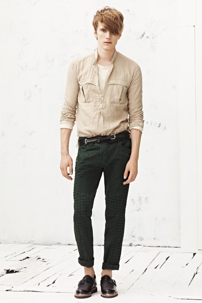 beige cotton shirt with green pants