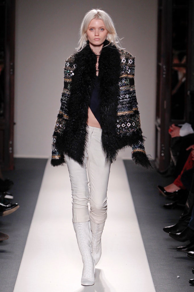 black fur coat white pants