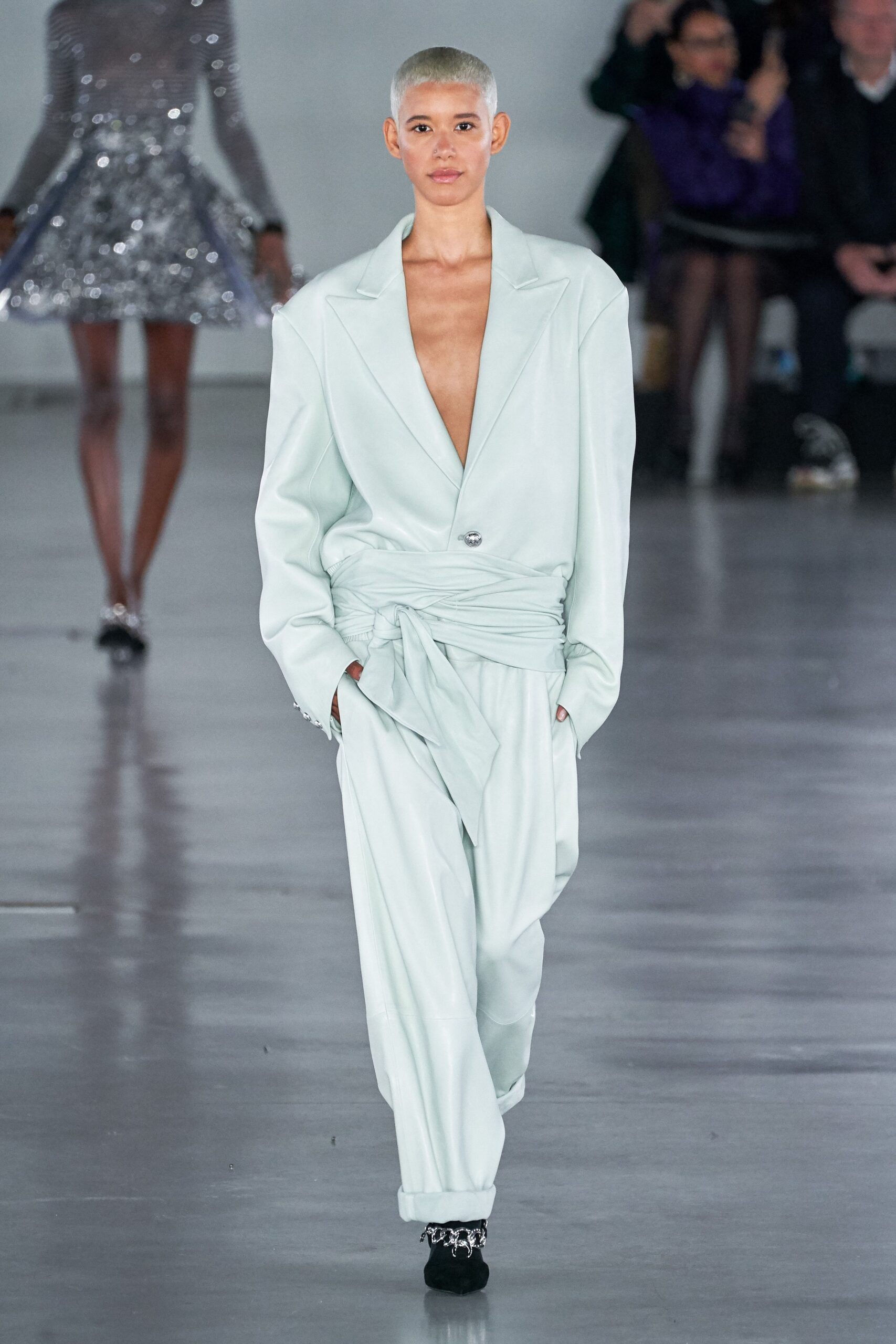 light blue relaxed silk suit