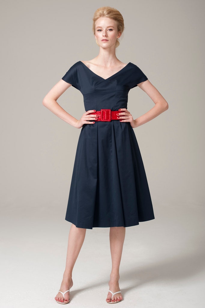 blue belted midi dress