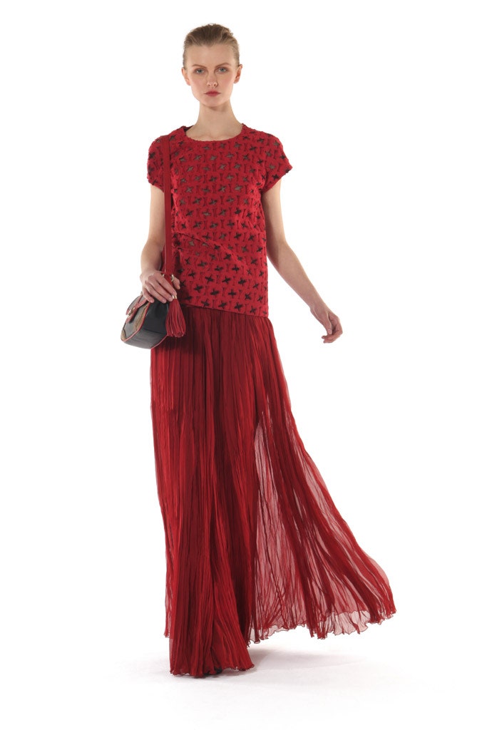 red embroidered top and pleated skirt