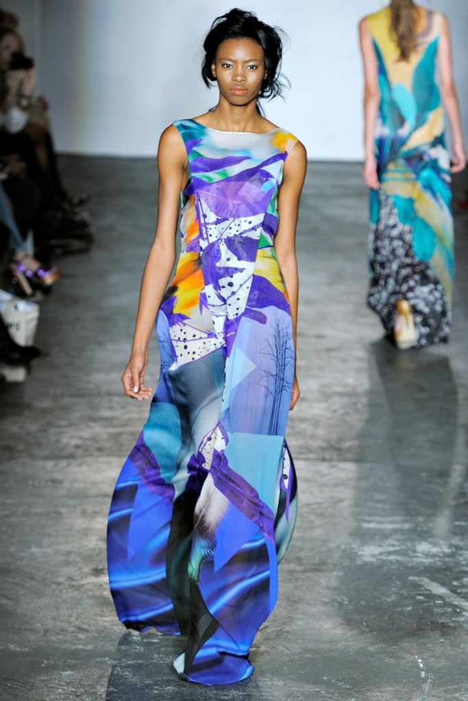 blue green purple printed gown