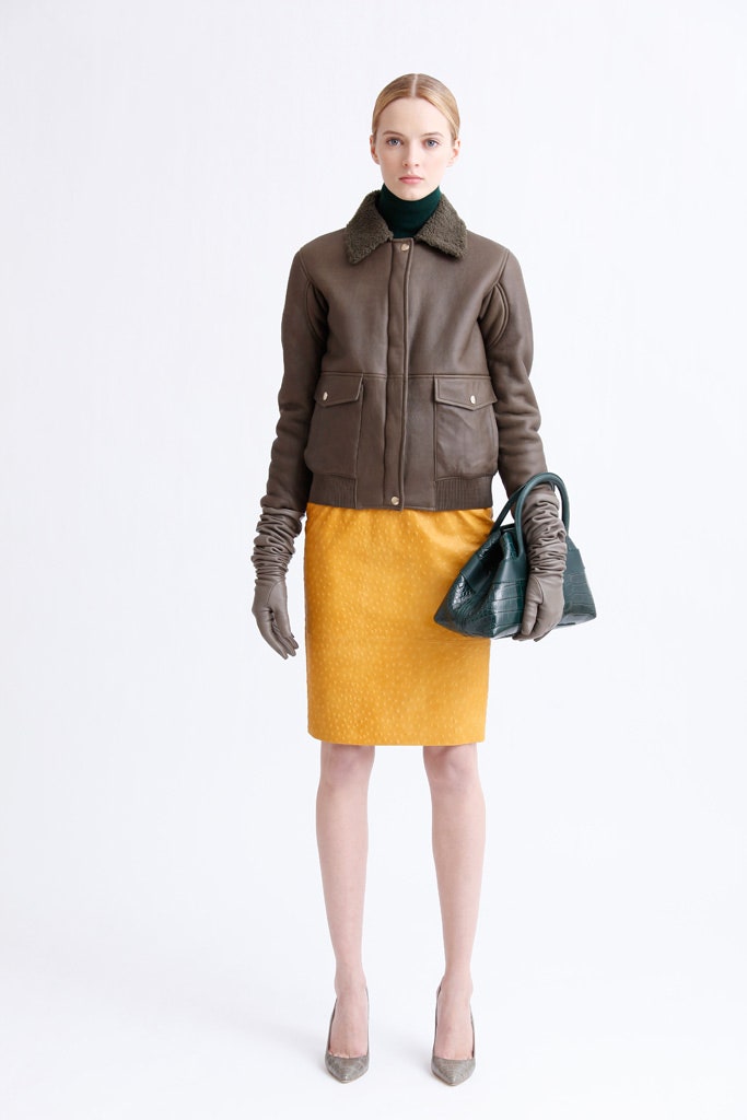 brown leather fitted jacket and yellow pencil skirt