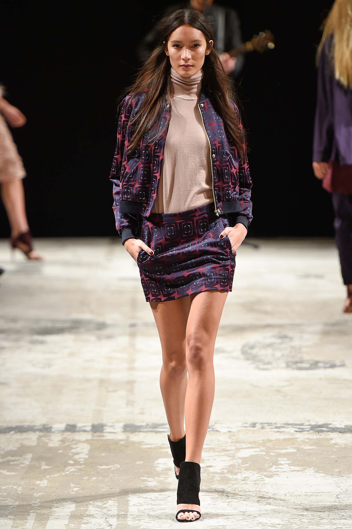 fitted purple pink silk jacket and skirt