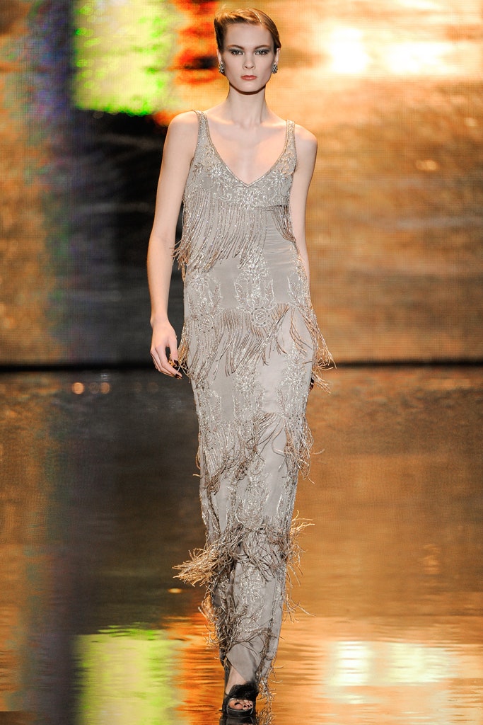 beige silk sleeveless gown