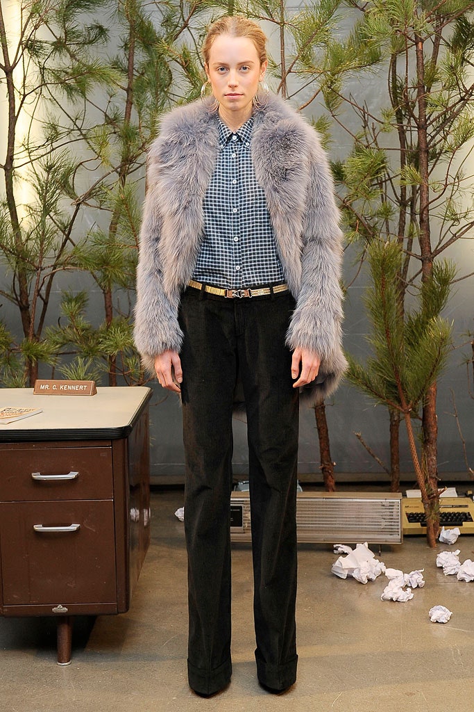 gray faux-fur coat with checked shirt