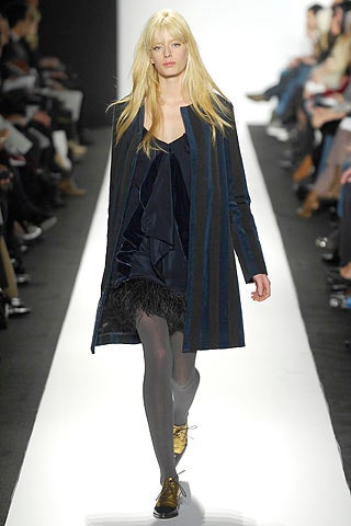 blue striped coat and black dress