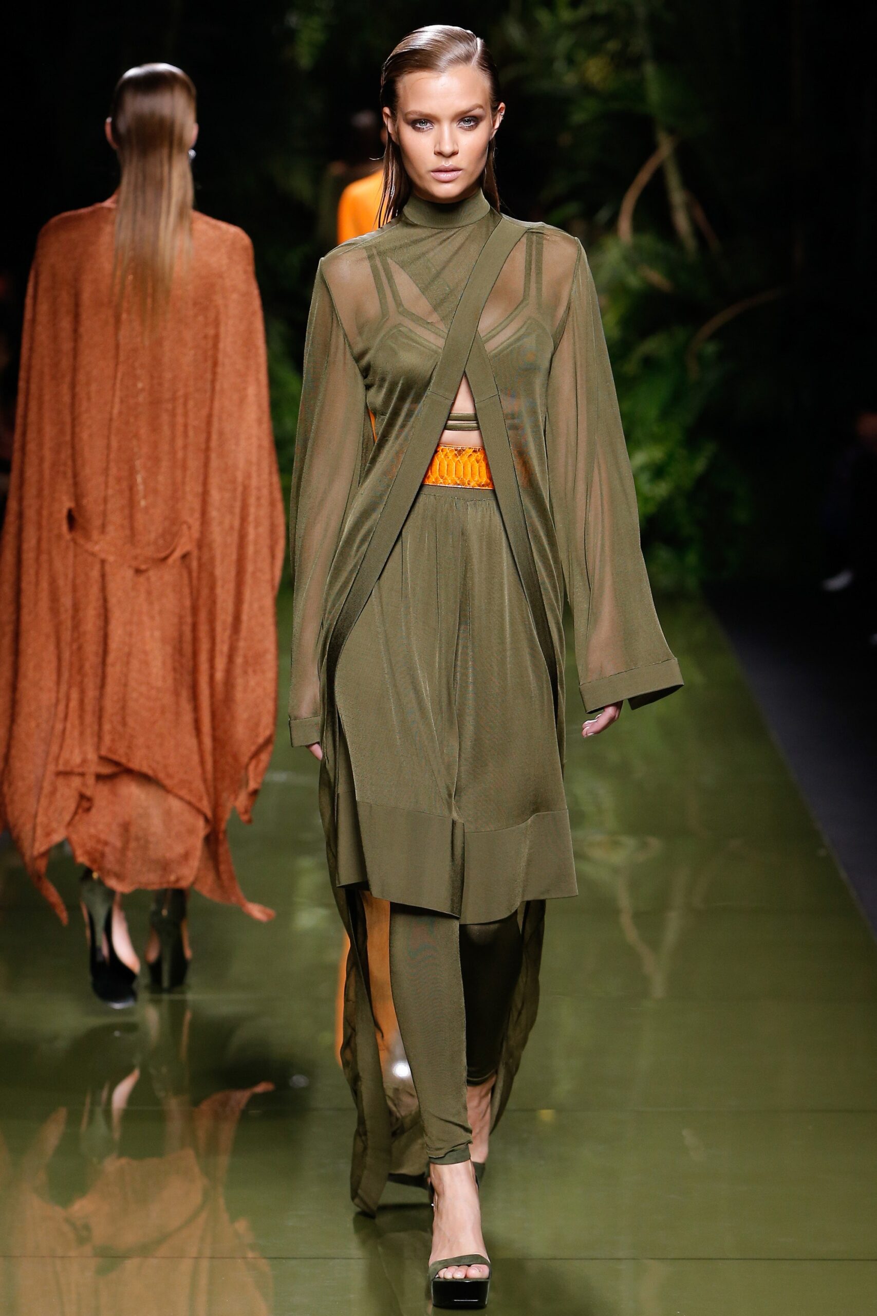 green chiffon long-sleeve relaxed layered sheer jacket