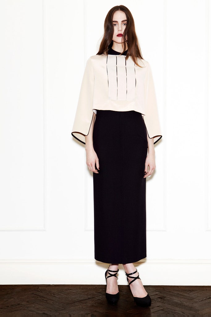 beige silk long-sleeve collared fitted pleated cropped top