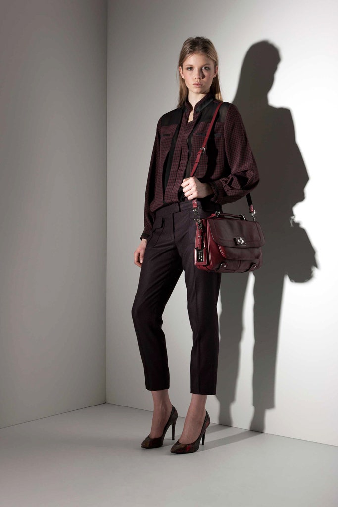 black and red fitted blouse with tailored pants