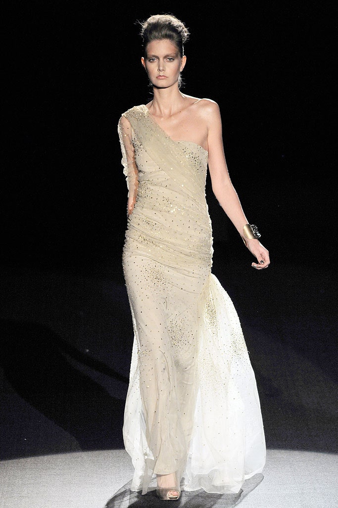 beige silk off-shoulder gown