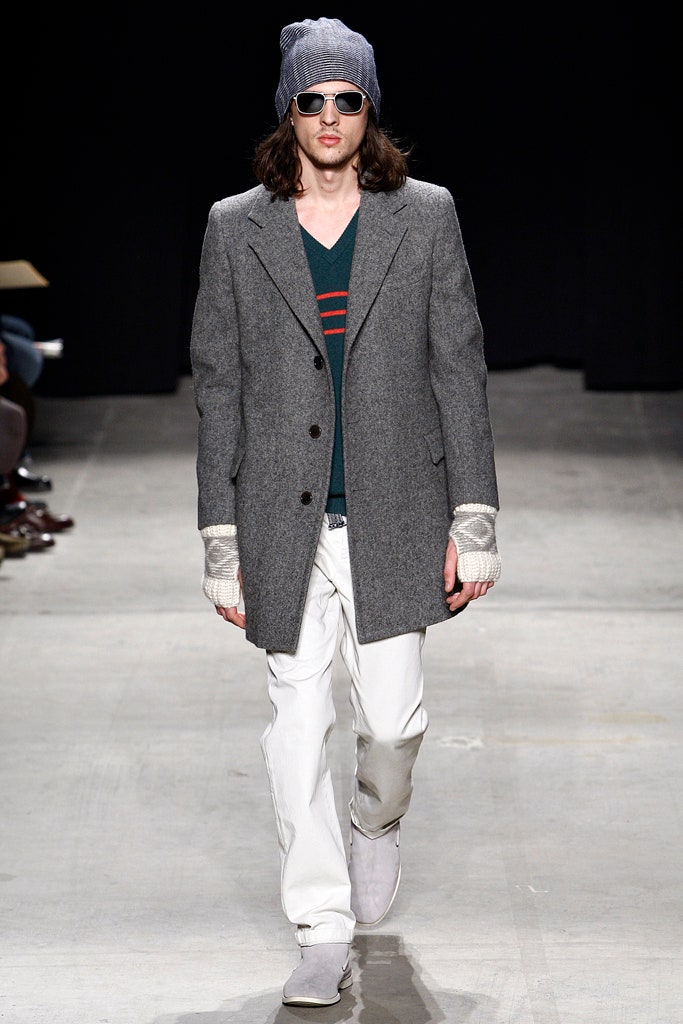 gray wool coat with green sweater