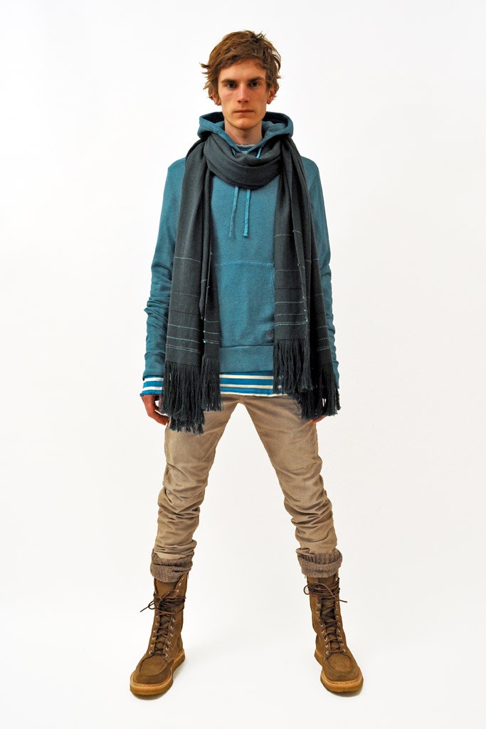 blue hoodie with beige pants