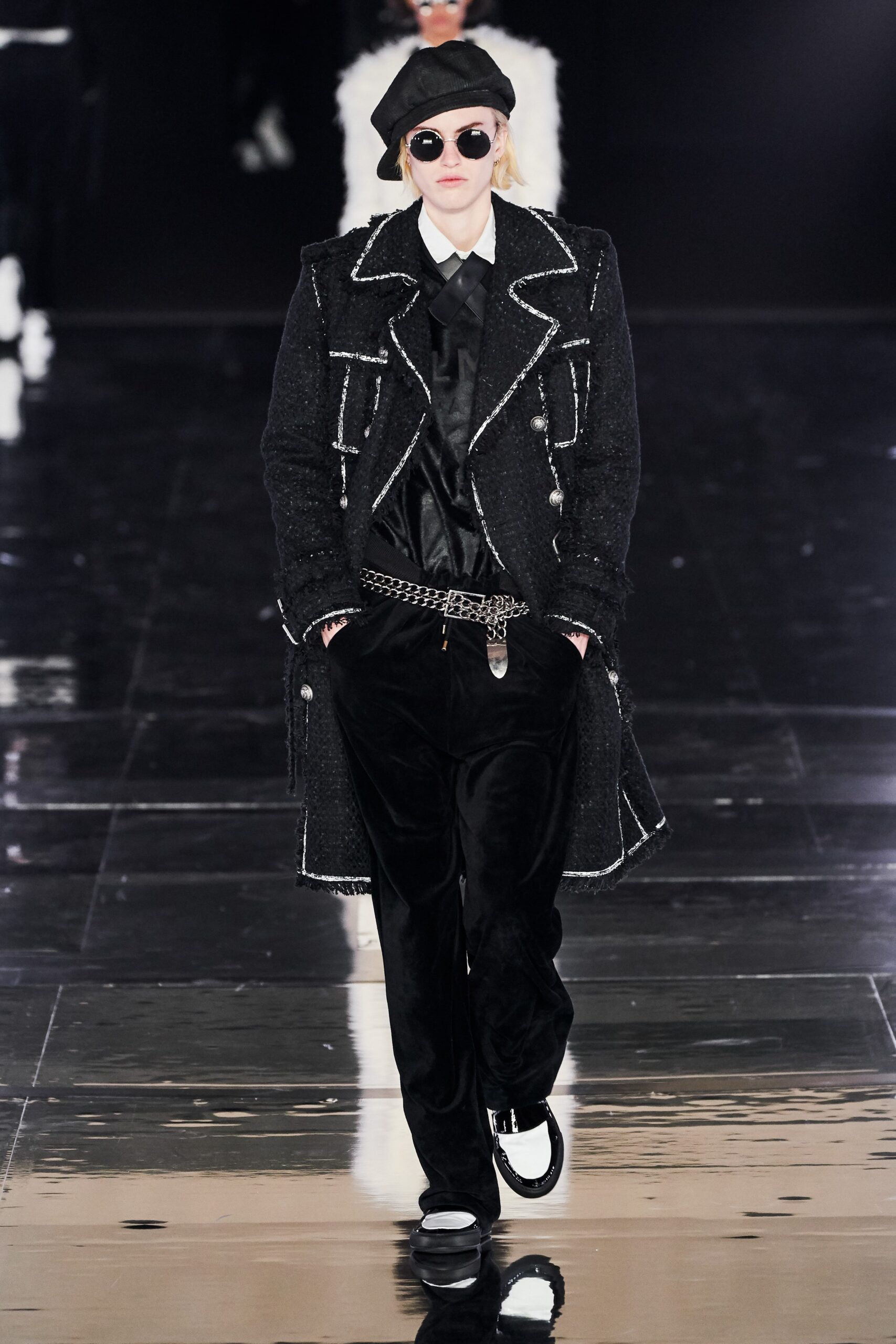 black velvet fitted straight-leg pants