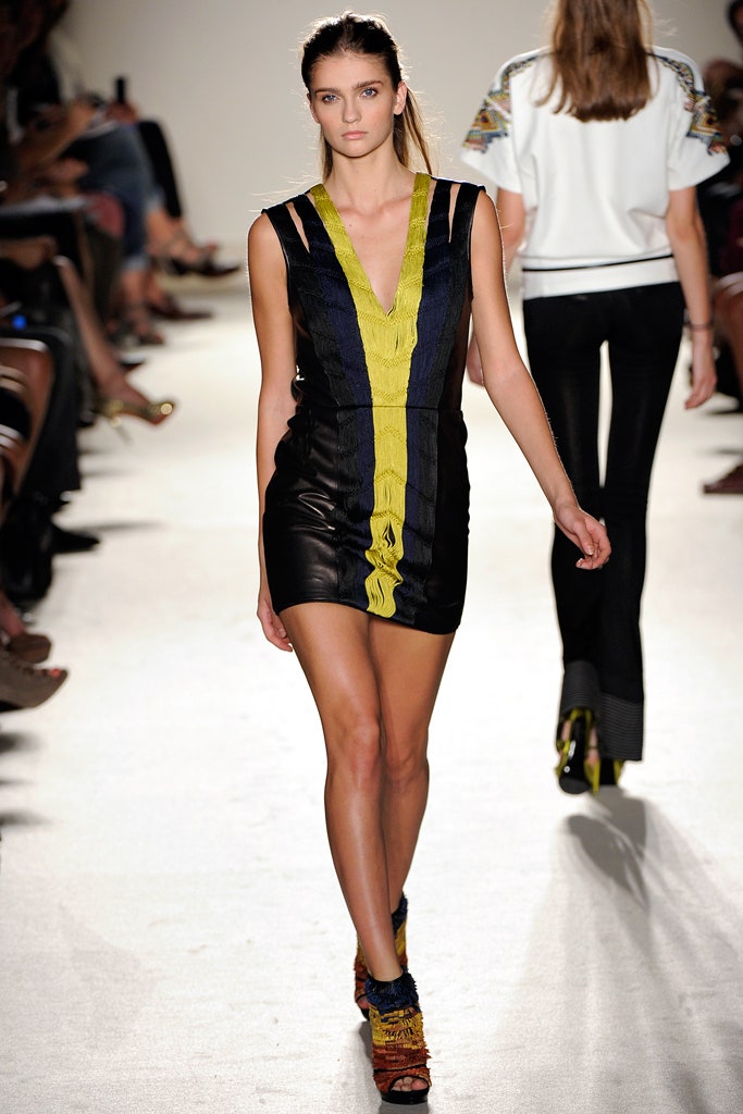 fitted color-blocked leather mini dress