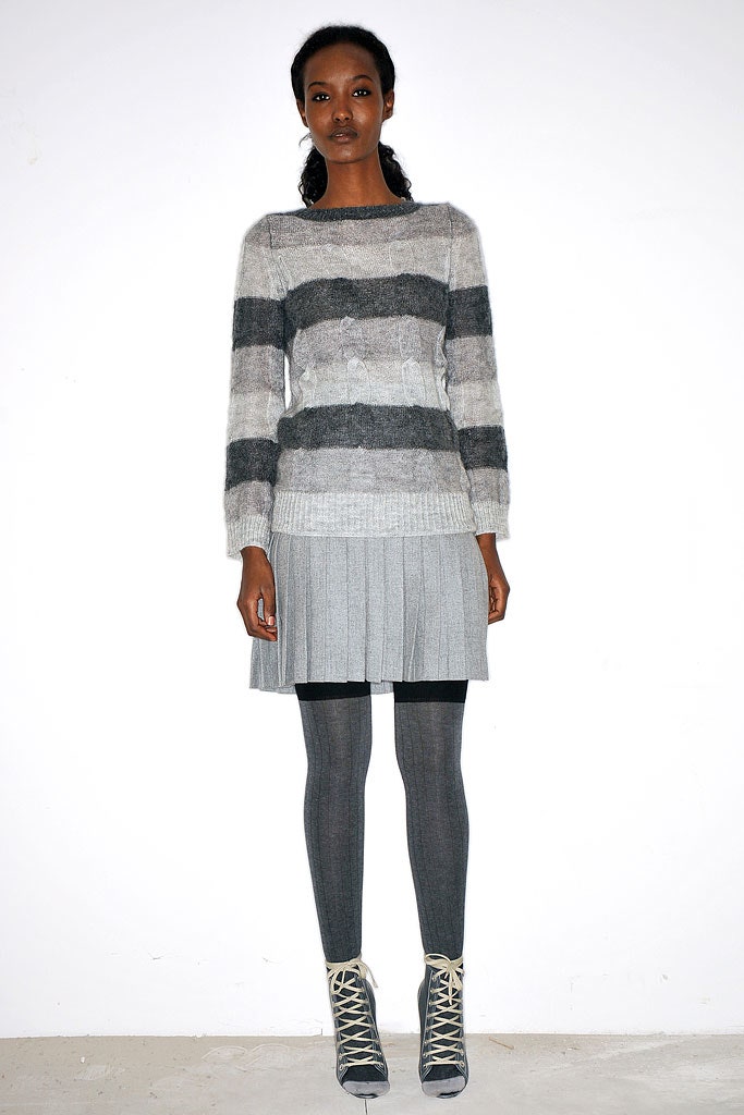 gray striped sweater with pleated skirt