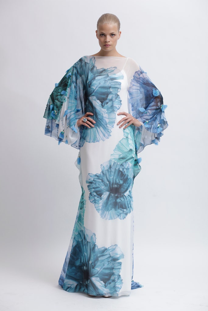 white and blue flowing gown