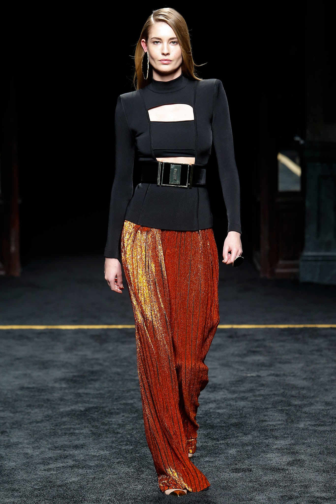 orange silk relaxed pleated shiny pants