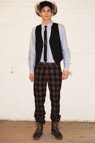 black vest with blue shirt and checked pants