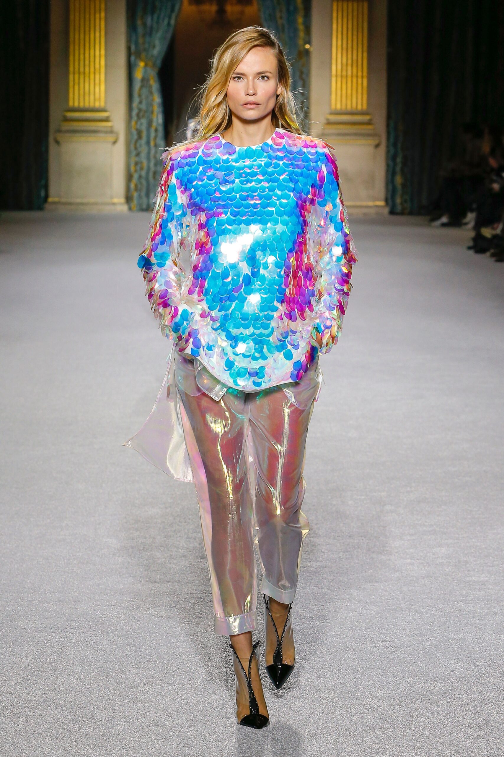 shiny blue sequined top with clear pants