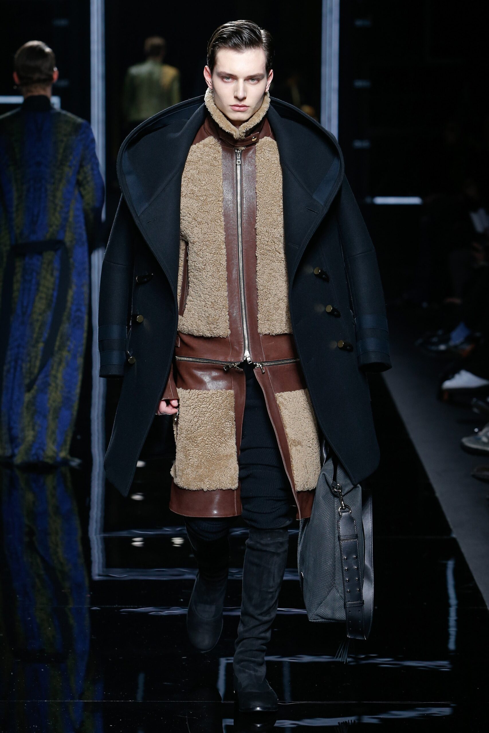 black and brown leather coat