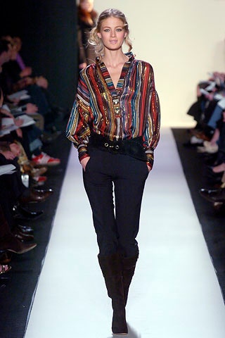 multi-striped blouse with black pants