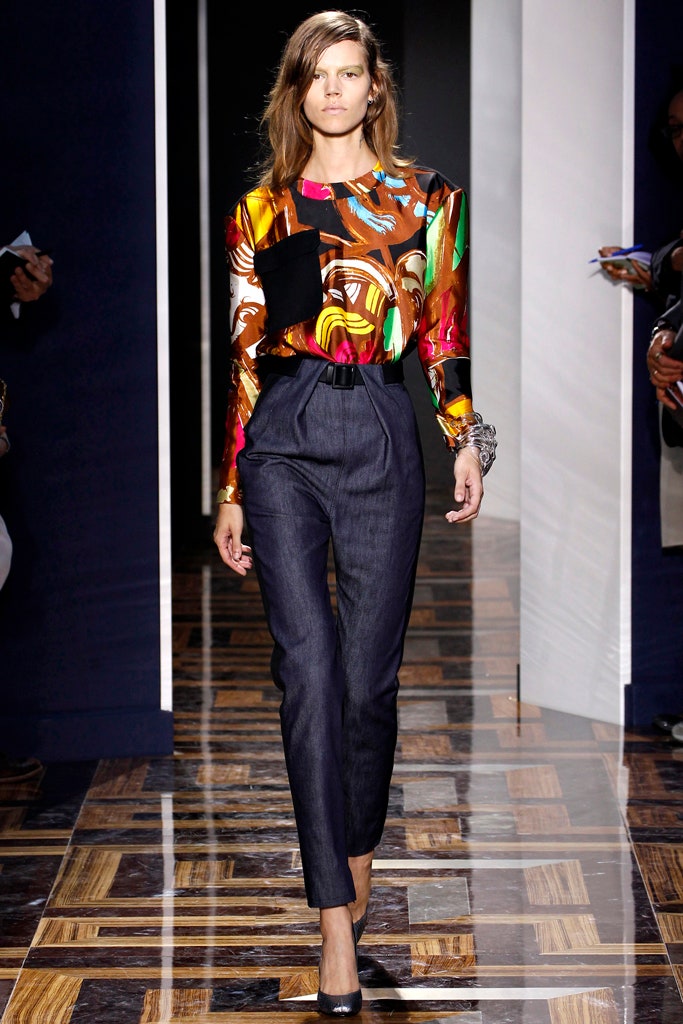 multi silk long-sleeve collared fitted printed top