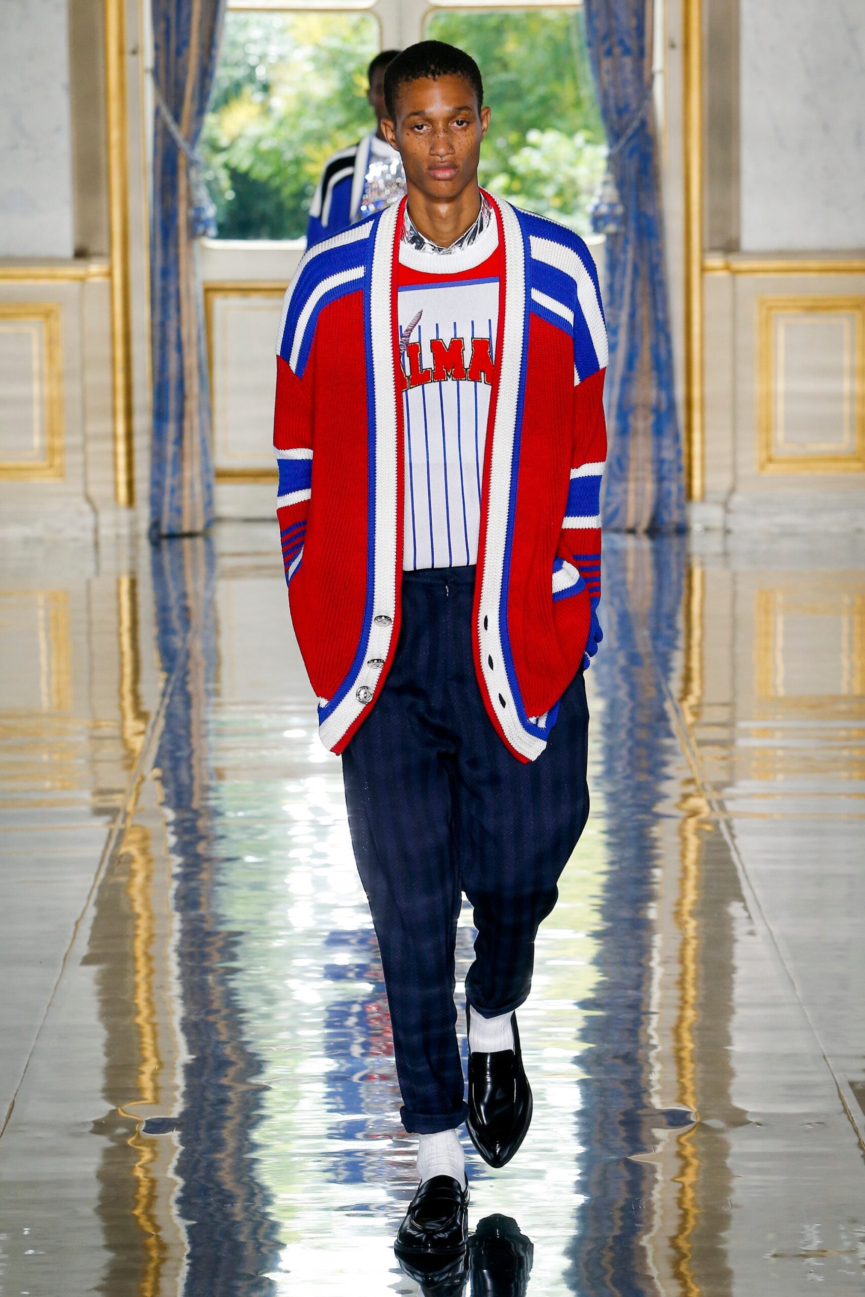 relaxed red and blue sweater with fitted t-shirt