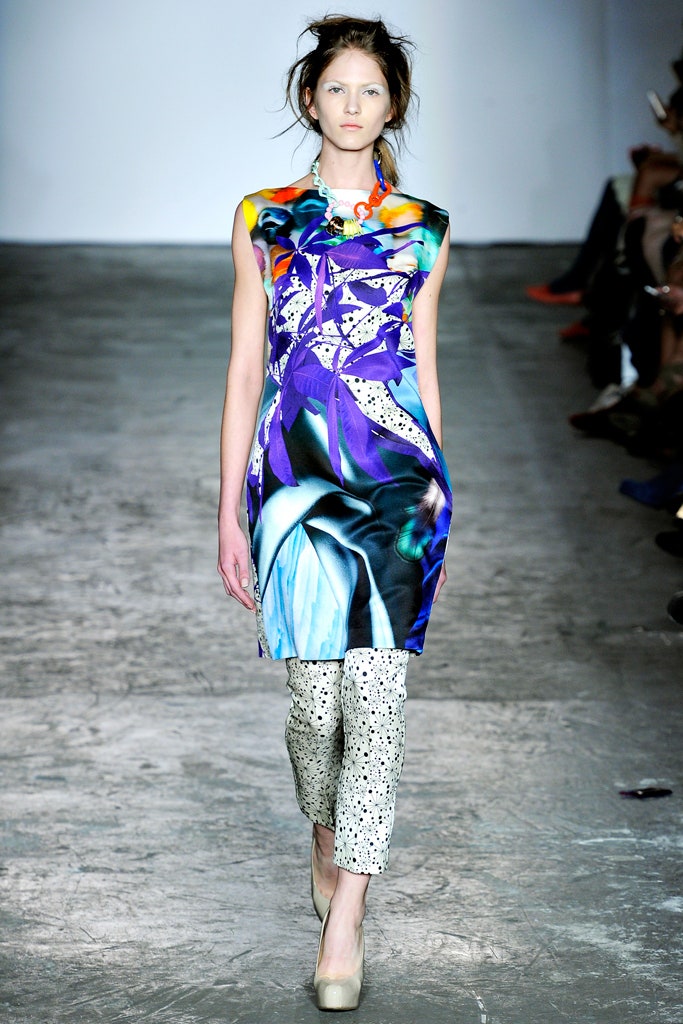 multi-colored fitted dress with straight-leg pants