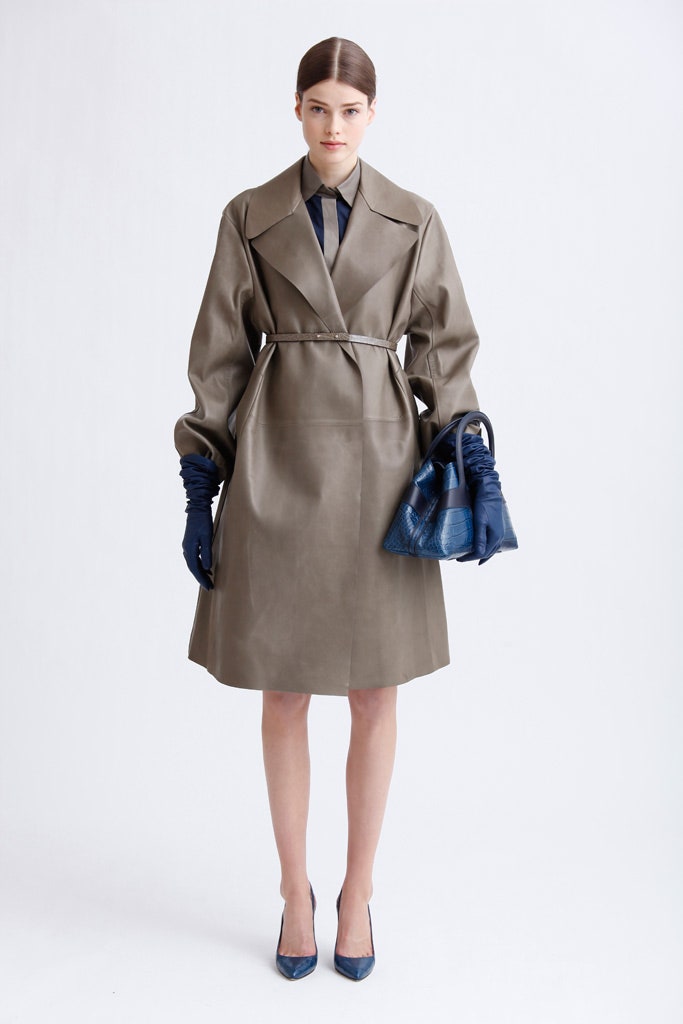 gray leather belted coat
