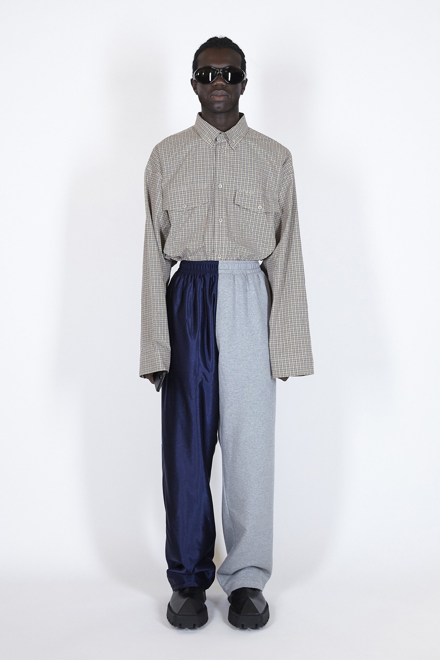 checked shirt with wide-leg pants