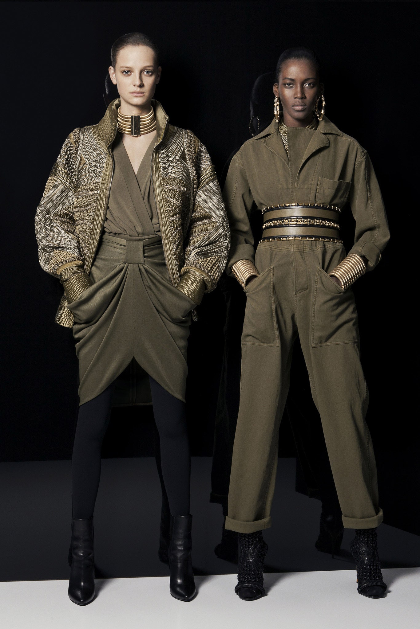 green fitted mini dress and oversized brown jacket