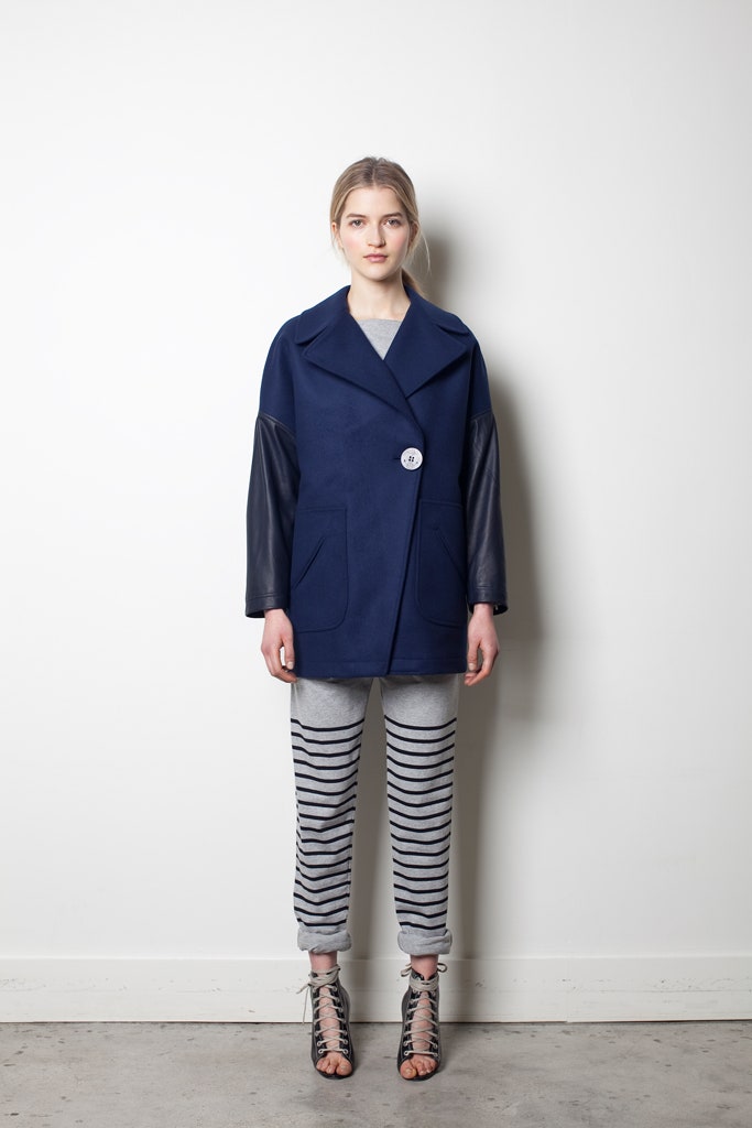 blue relaxed jacket with striped pants