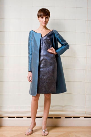 blue silk long-sleeve collared structured draped coat