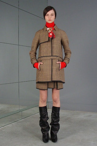 brown wool fitted coat with red scarf