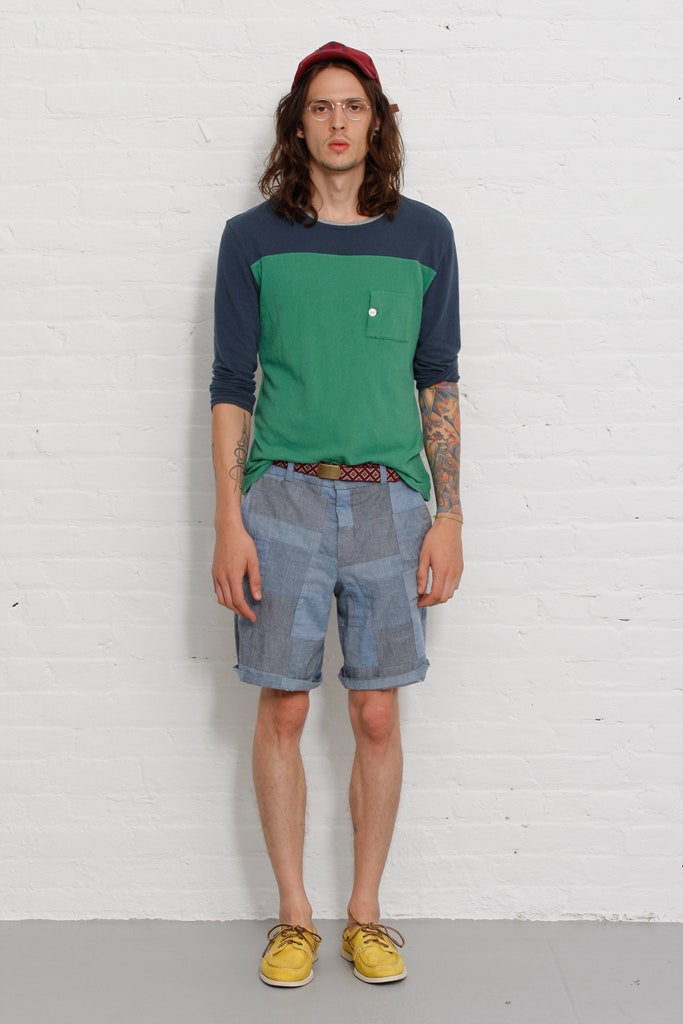 color-blocked green and blue shirt