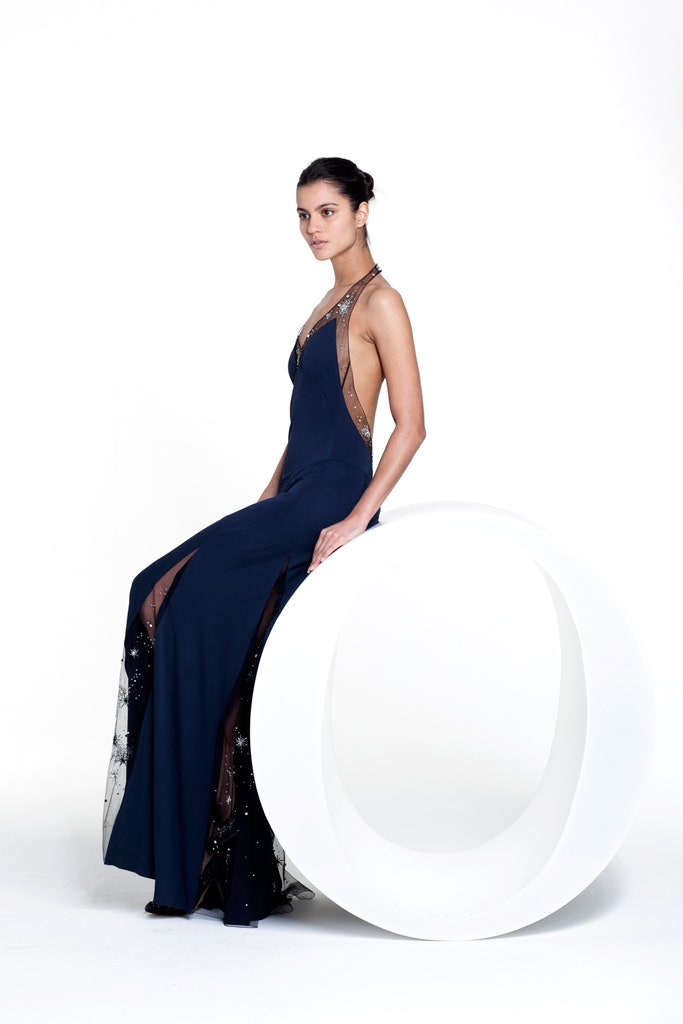 blue silk sleeveless gown