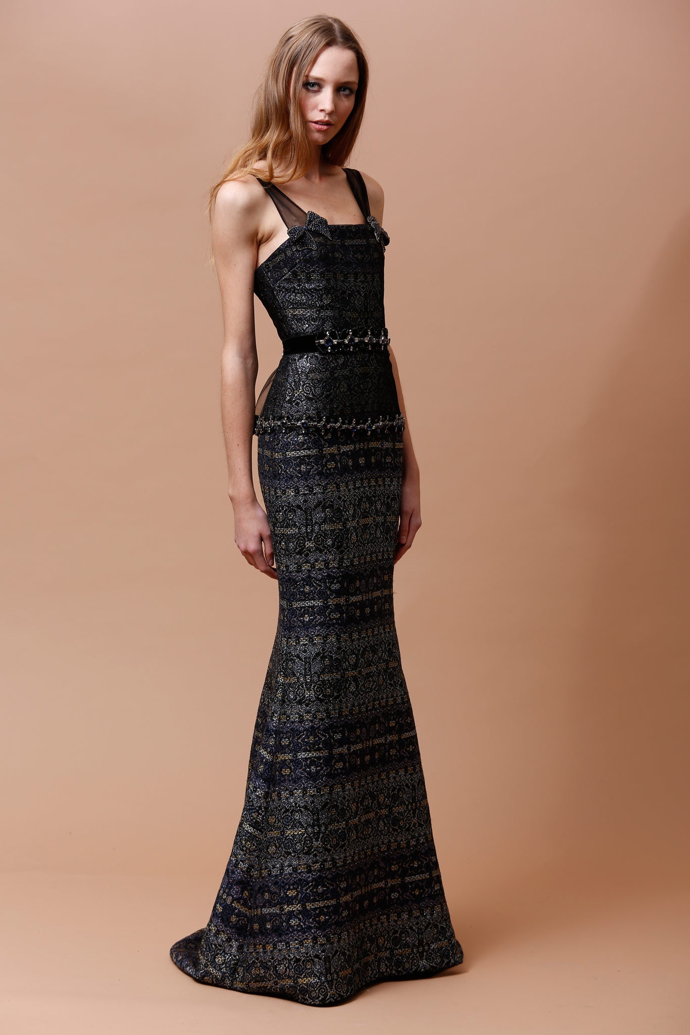 black and gold embroidered gown